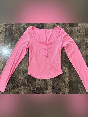 Pink Long Sleeve Ribbed Top with Buttons
